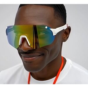 Men White Sport Performance Shield Sunglasses Iridescent Mirror Lens Cycling New